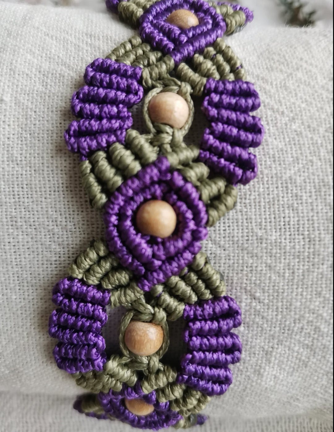 Set of 2 Ajustable Macrame Bracelet The "Waving Flower" Purple Kaki /Purple Beige