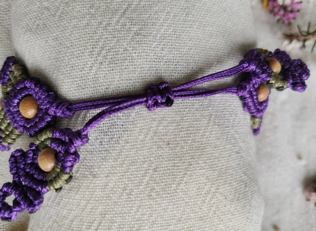 Set of 2 Ajustable Macrame Bracelet The "Waving Flower" Purple Kaki /Purple Beige